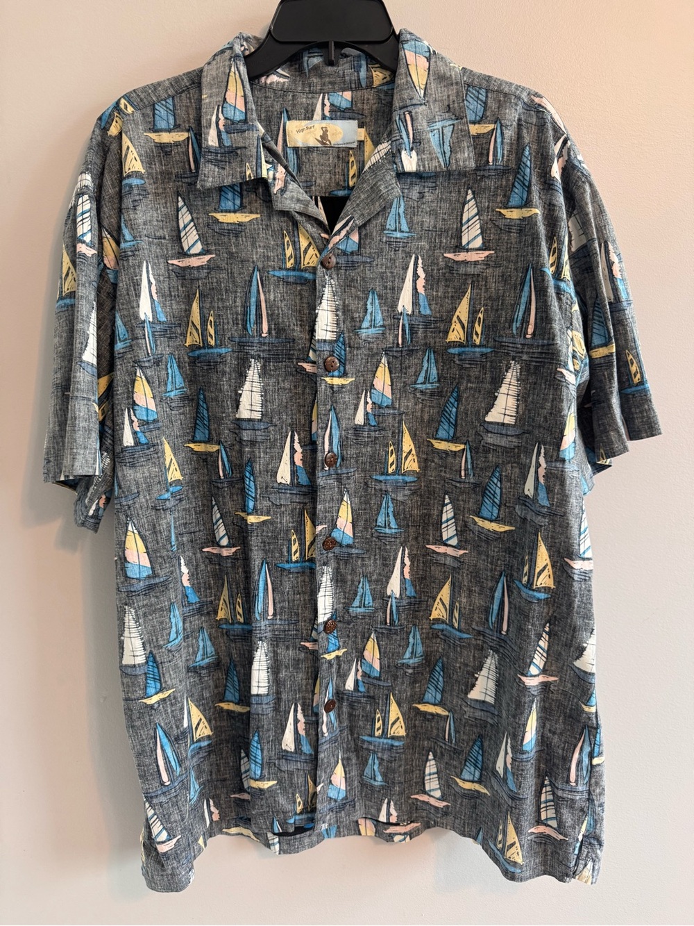 High Surf XL Sailboat Print Hawaiian Camp Shirt 100% Cotton Gray